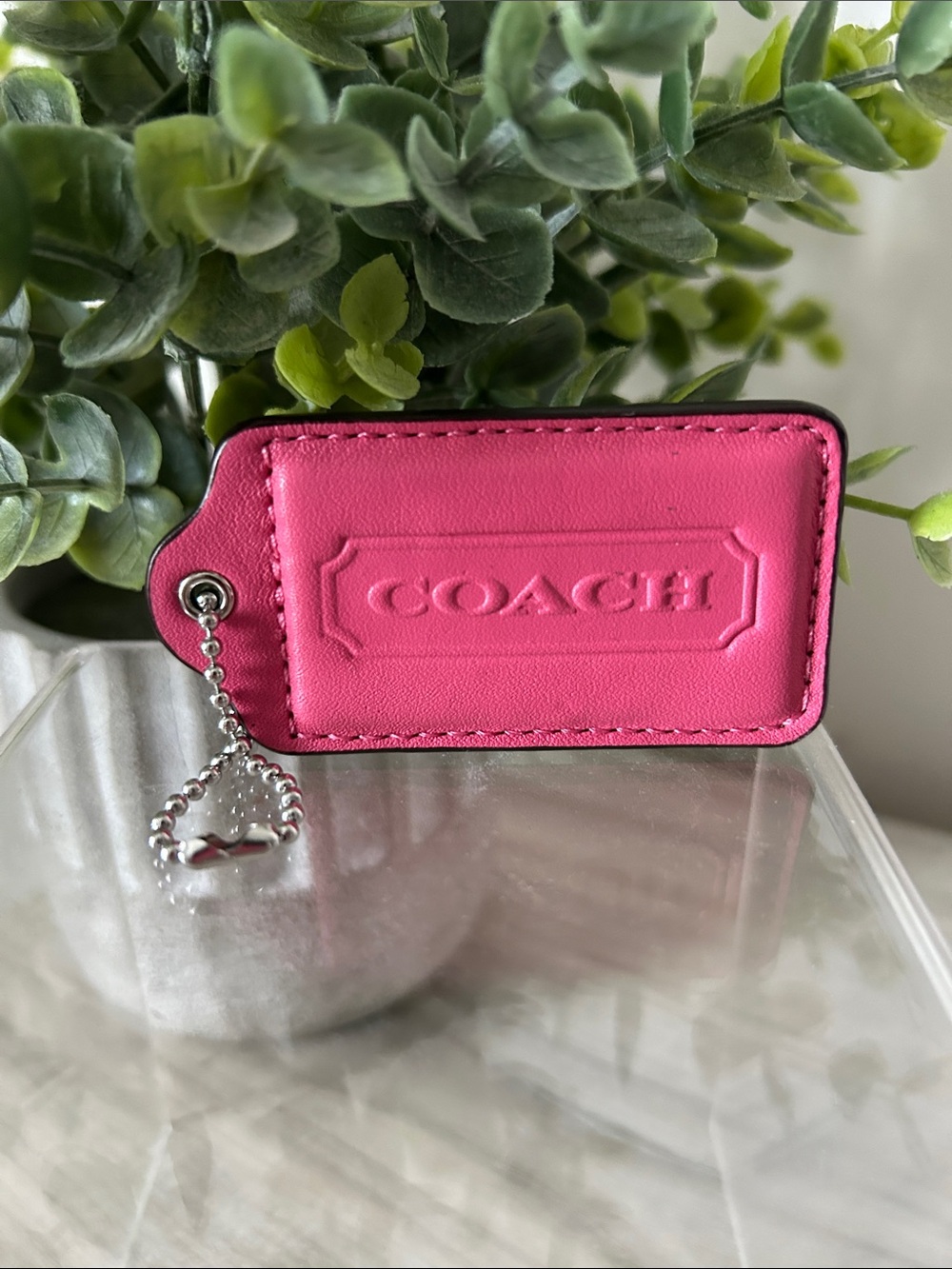 Coach Hot Pink Leather Tag Keychain with Silver Chain